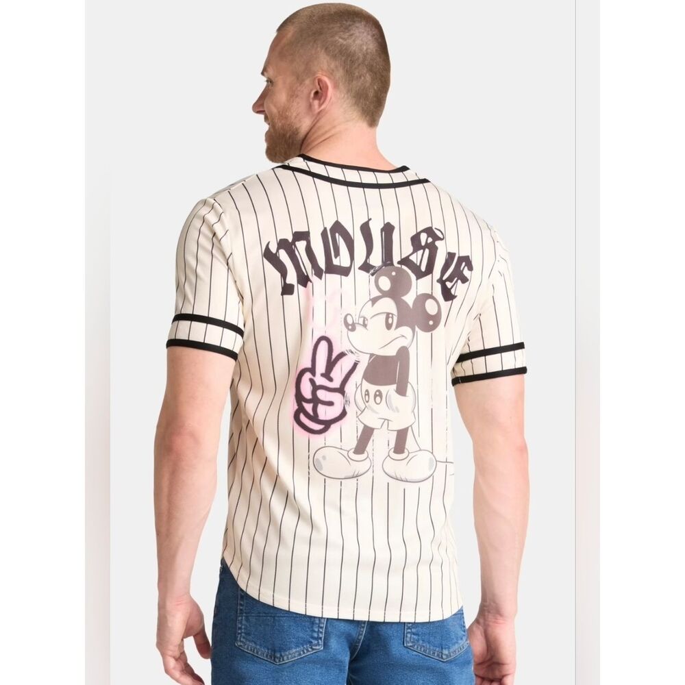 🔹️Disney Mickey Mouse Cream Striped Button Baseball Jersey Men's Small